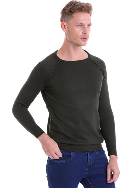Haki Regular Fit Desenli V Yaka Yün Triko Kazak