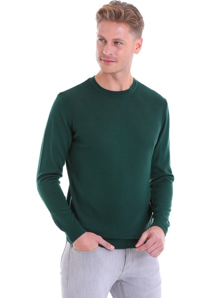 Koyu Yeşil Regular Fit Çizgili Yün Bisiklet Yaka Triko Kazak fiyatları