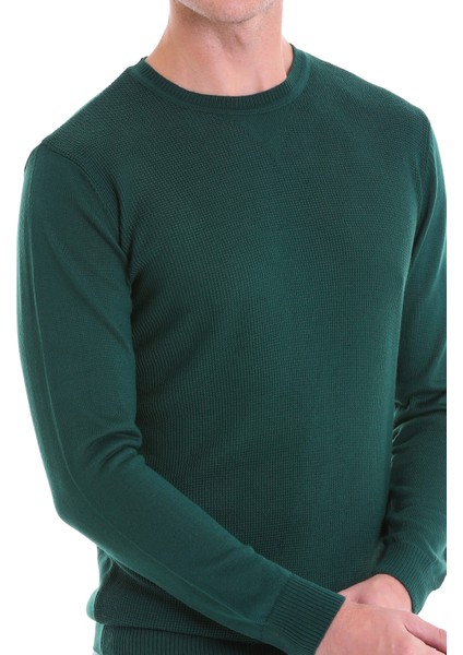 Koyu Yeşil Regular Fit Çizgili Yün Bisiklet Yaka Triko Kazak indirimleri