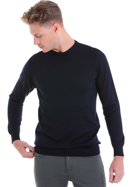 Lacivert Regular Fit Düz Yün Bisiklet Yaka Triko Kazak fiyatları
