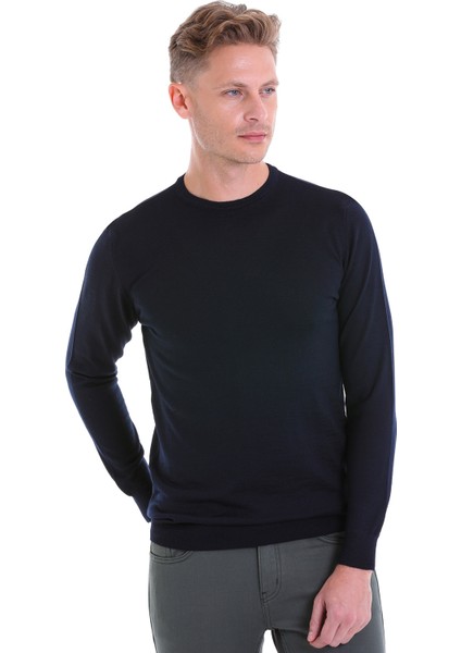 Lacivert Regular Fit Düz Yün Bisiklet Yaka Triko Kazak modelleri