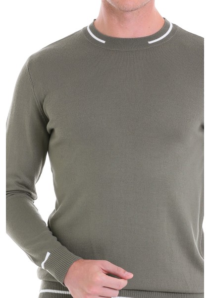 Haki Regular Fit Çizgili Yün Bisiklet Yaka Triko Kazak indirimleri