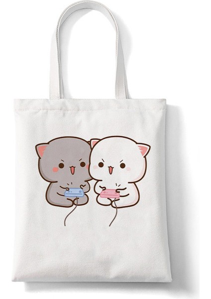 Kedi Baskılı Tek Omuz Katlanabilir Alışveriş Tuval Öğrenci Çantası (Yurt Dışından)