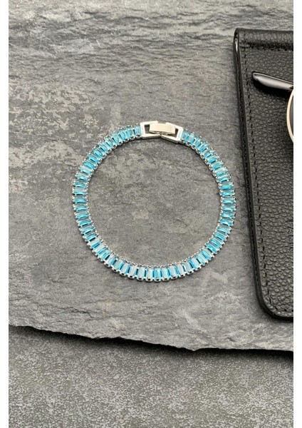 3A Baget Zirkon Taşlı Çift Kilitli Turkuaz Renkli Tennis Erkek Bileklik FRJ11496-1596-M