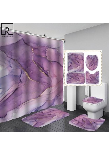 4-Piece SET3D Geometrik Duş Perdeleri Banyoda Su Geçirmez Banyo Perdesi Kanca Setleri ile Flanel Banyo Mat Kilim Halı Ev Dekor (180 * 180 Cm) (Yurt Dışından)