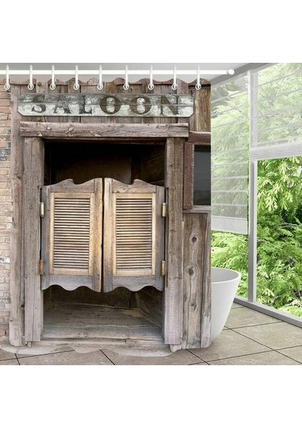 Retro Eski Ahşap Kapı Duş Perdeleri Vintage Ahır Sallanan Salon Kapıları Su Geçirmez Bez Ev Dekor Ekran Banyo Perde Seti (90 * 180 Cm) (Yurt Dışından)