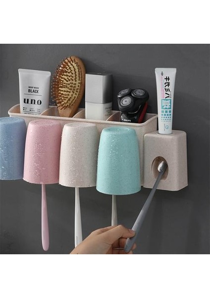 Diş Fırçası Tutucu Duvara Monte Otomatik Diş Macunu Dağıtıcı Plastik Diş Macunu Sıkacağı Tutucu Tuvalet Tumbler Seti (Yurt Dışından)