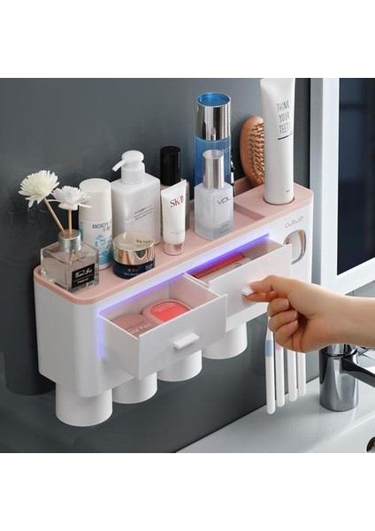 Diş Fırçası Tutucu Otomatik Diş Macunu Dağıtıcı Duvara Dağı Tuvalet Depolama Raf Banyo Aksesuarları Manyetik Kupası ile Set (Yurt Dışından)