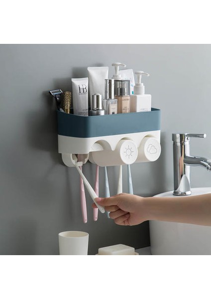 Duvara Monte Aile Diş Fırçası Tutucu Seti Plastik Banyo Diş Fırçası Depolama Raf Diş Macunu Dispenseri (Yurt Dışından)