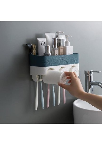 Duvara Monte Aile Diş Fırçası Tutucu Seti Plastik Banyo Diş Fırçası Depolama Raf Diş Macunu Dispenseri (Yurt Dışından)