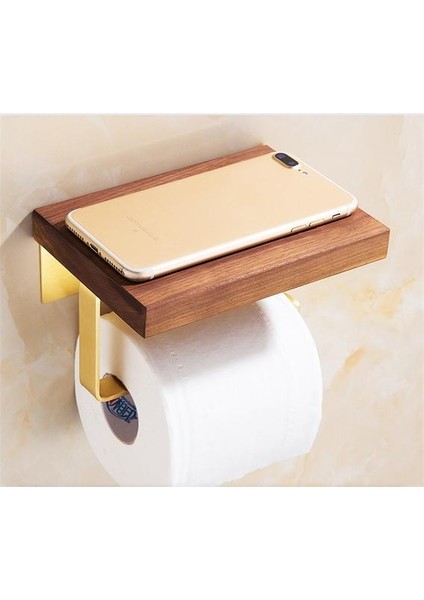 Pirinç Tuvalet Kağıdı Tutucu Duvara Monte Ahşap Telefon Tutucu Raf Banyo Rulo Kağıt Tutucu Askı Duvar Raf Tuvalet Depolama (Altın) (Yurt Dışından)