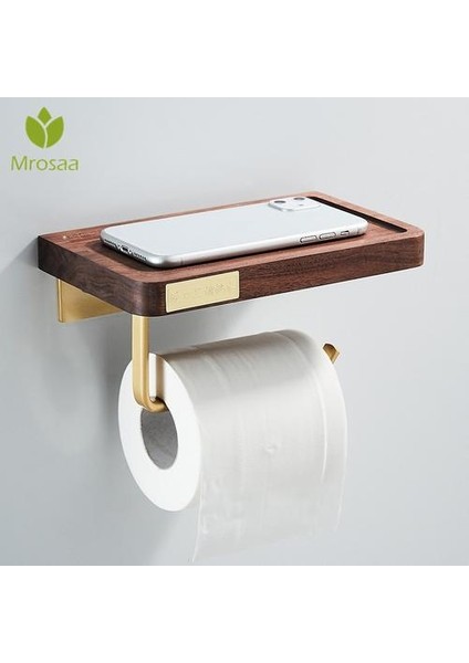 Pirinç Tuvalet Kağıdı Tutucu Duvara Monte Ahşap Telefon Tutucu Raf Banyo Rulo Kağıt Tutucu Askı Duvar Raf Tuvalet Depolama (Altın) (Yurt Dışından)