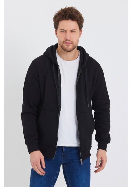 Fermuarlı Lüx Sweatshirt Kapüşonlu Siyah