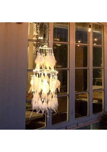 LED Işık Dreamcatcher Çift Güverte Ev Düğün Dekorasyon Parti Hediye Dromenvanger Vintage Rüzgar Çanları Beyaz Tüy | Rüzgar Çanları ve asılı Süslemeler (Yurt Dışından)