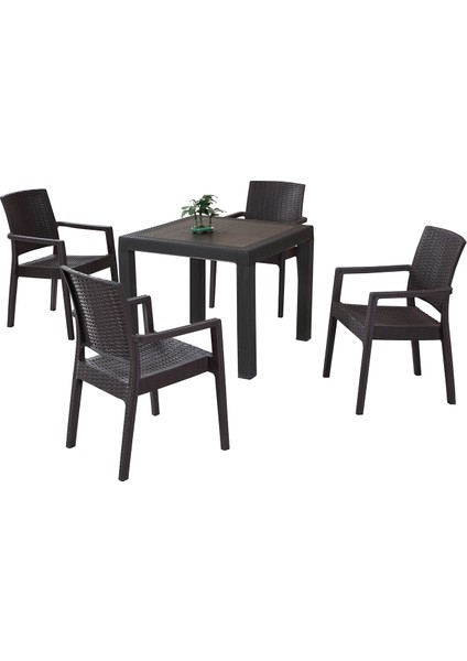 Rattan Takım 90X90 Camlı Masa 4 Kişilik Kollu Sandalye Bahçe Balkon Teras Takımı