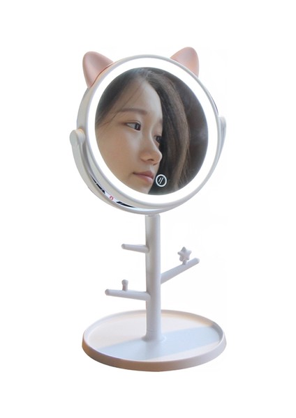 1 Adet LED Masa Masaüstü Tezgah Banyo Seyahat Için Sıradan Pembe Kedi Kulak LED USB Kablosu (Beyaz) Makyaj Aynası (Yurt Dışından)
