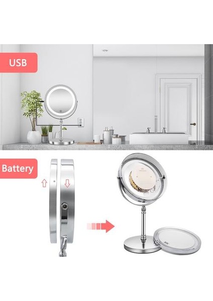 Işıkları ile 10X Büyütme Çift Taraflı Vanity USB Şarj Dokunmatik Karartma Banyo (Gümüş) Makyaj Aynası (Yurt Dışından)
