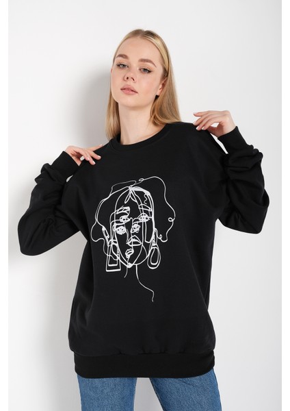 Kadın Çizgili Figür Baskılı Oversize Sweatshirt fiyatları