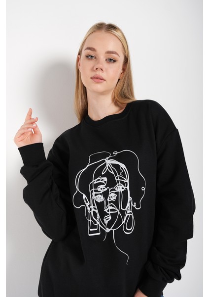 Kadın Çizgili Figür Baskılı Oversize Sweatshirt modelleri