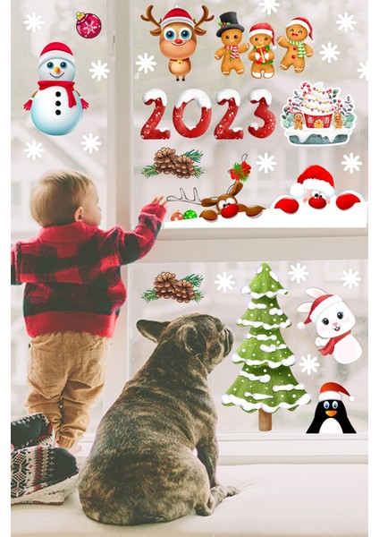 Yılbaşı Ağacı Noel Baba Geyik Kardan Adam Kar Taneleri Kış Temalı Pencere Sticker