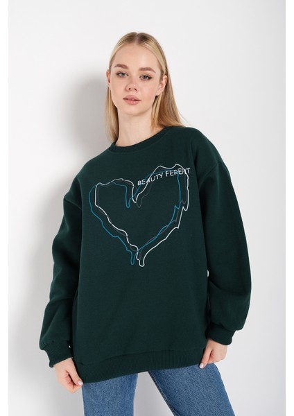 Kadın Çizgili Kalp Baskılı Oversize Sweatshir