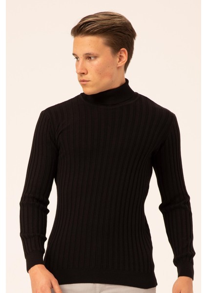 Erkek Balıkçı Yaka Slim Fit Fitilli Triko Kazak 6091288 Siyah