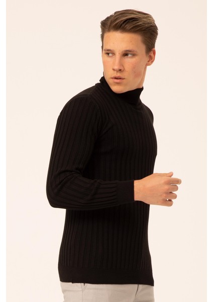 Erkek Balıkçı Yaka Slim Fit Fitilli Triko Kazak 6091288 Siyah modelleri