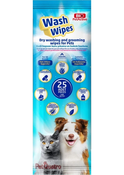 Wash Wipes Kedi ve Köpek Kuru Yıkama Kesesi 25'li