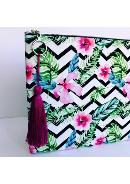 Clutch Çanta Çiçekli Zigzag Desen