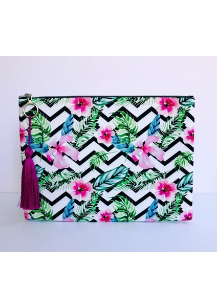 Clutch Çanta Çiçekli Zigzag Desen