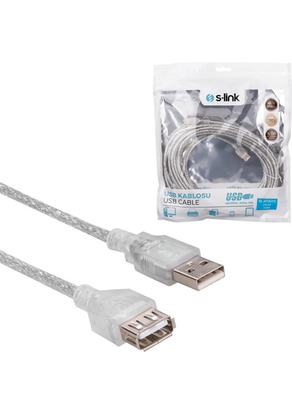 USB Uzatma Kablosu Erkek Dişi 10MT Şeffaf S-Link SL-AF2010