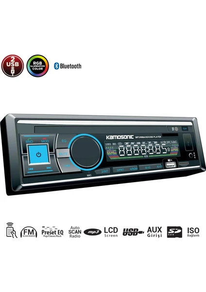 Oto Teyp 4X50W Bt/2xusb/sd/fm/aux Kamosonic KS-MX700