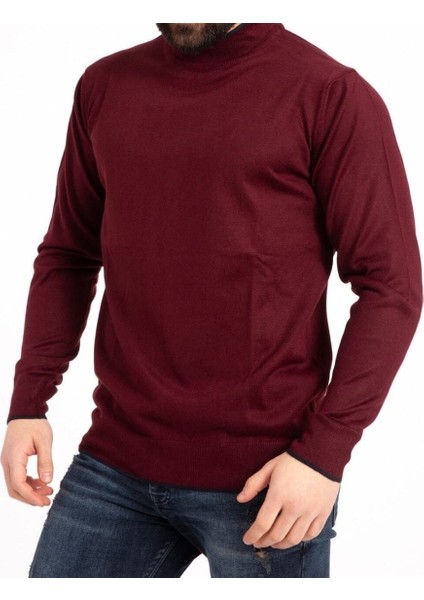 Erkek Bordo Ince Yünlü Yarım Boğazlı Triko Baba Kazak