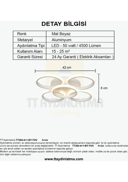 TT304-4+1-BY Yuvarlak Tt Aydınlatma Mat Beyaz 5 Li LED Avize