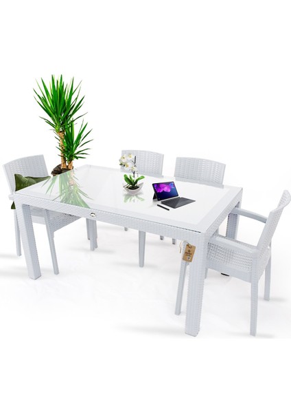 Rattan Masa Takımı 80x140 Camlı Masa 4 Kişilik Sandalye Seti Beyaz Bahçe Balkon Teras Takımı