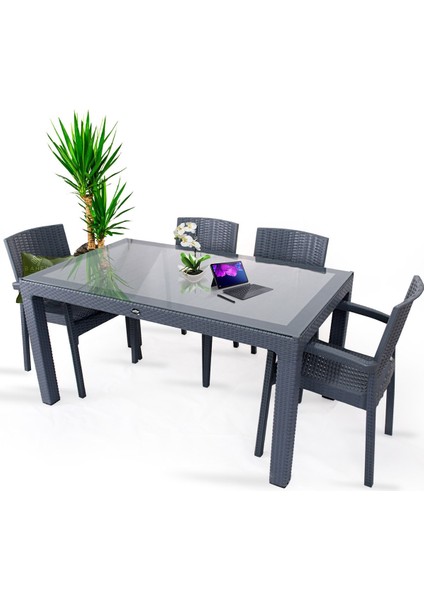 Rattan Masa Takımı 80x140 Camlı Masa 4 Kişilik Sandalye Seti Bahçe Balkon Teras Takımı