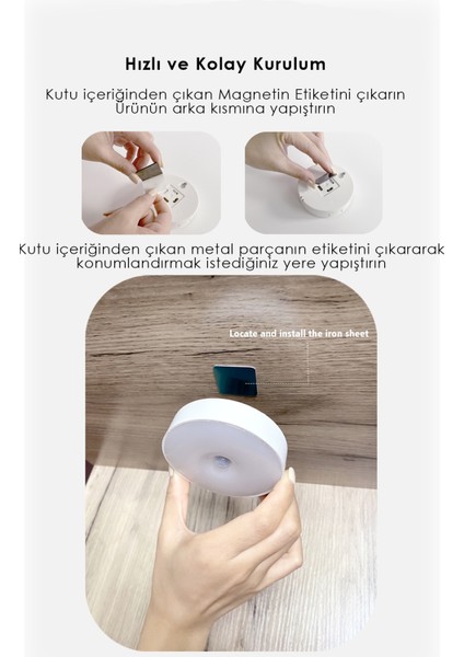 1 Adet Usb İle Şarj Edilebilir Akıllı Hareket Sensörlü Kablosuz Spot Led Lamba Sarı Işık