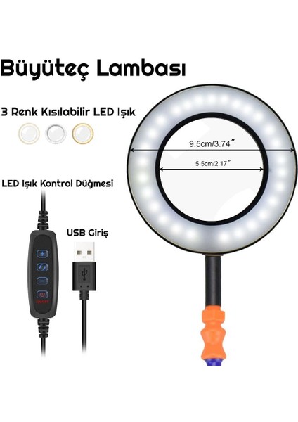 Led Işıklı 3x Büyüteç Lehim Havya Masa Sehpa Standı Yardımcı Esnek Tutucu Kol