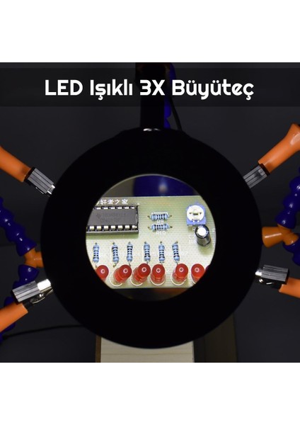 Led Işıklı 3x Büyüteç Lehim Havya Masa Sehpa Standı Yardımcı Esnek Tutucu Kol