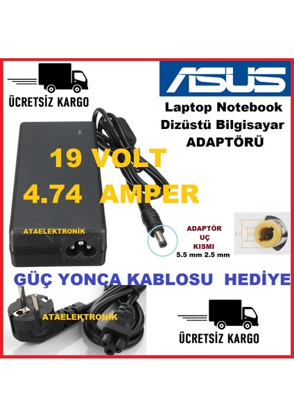 Ata Elektronik Asus Uyumlu Muadil 2 Yıl Garantili Asus EXA0904YH 19V 4.74A 90W Şarj Adaptörü Laptop Notebook 19 Volt 4.74 Amper Şarz Cihazı 5.5mm 2.5mm