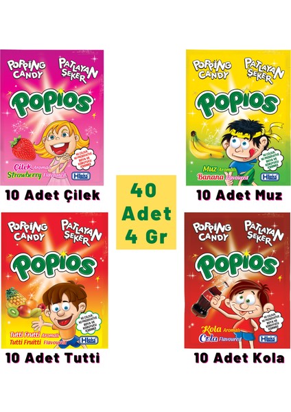 Patlayan Şeker Popios 4 Çeşit Karışık Kutu 40 Adet Popios Karışık Patlayan Şeker