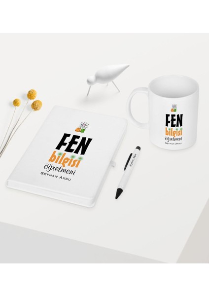 Kişiye Özel Fen Bilgisi Öğretmeni Temalı Beyaz Defter Kalem Kupa Seti - 1
