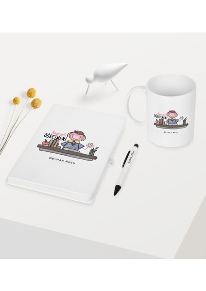 Kişiye Özel Anasınıfı Öğretmeni Temalı Beyaz Defter Kalem Kupa Seti - 3