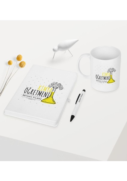 Kişiye Özel Kimya Öğretmeni Temalı Beyaz Defter Kalem Kupa Seti - 5