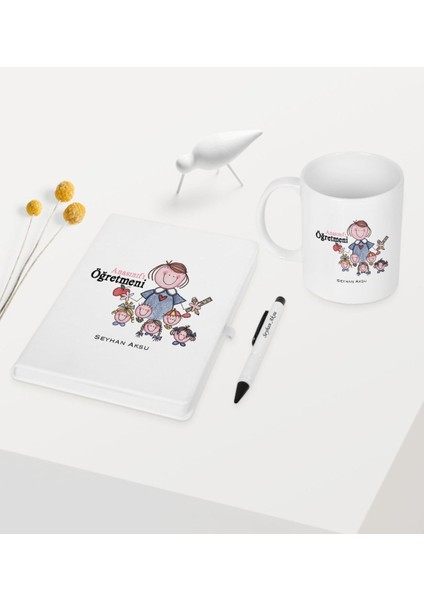Kişiye Özel Anasınıfı Öğretmeni Temalı Beyaz Defter Kalem Kupa Seti - 2