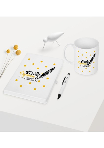 Kişiye Özel Edebiyat Öğretmeni Temalı Beyaz Defter Kalem Kupa Seti - 1
