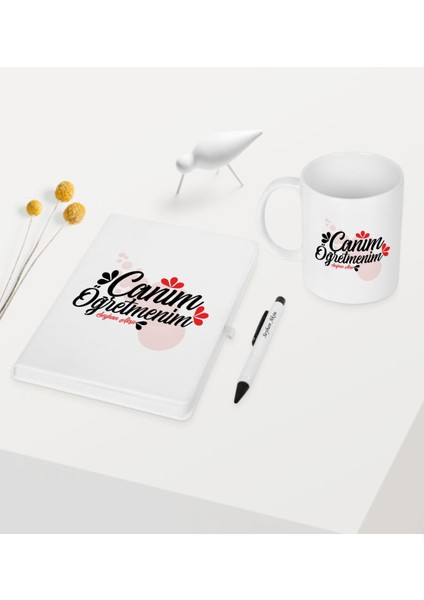 Kişiye Özel Canım Öğretmenim Temalı Beyaz Defter Kalem Kupa Seti - 4