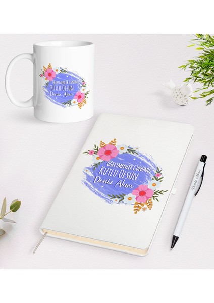 Gift Kişiye Özel Öğretmenler Günü Tasarımlı Beyaz Defter Kalem Kupa Seti - 4