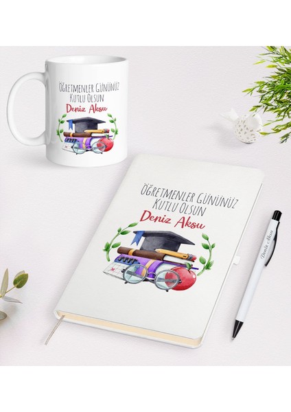 Gift Kişiye Özel Öğretmenler Günü Tasarımlı Beyaz Defter Kalem Kupa Seti - 3