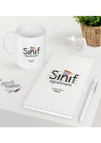 Kişiye Özel Sınıf Öğretmeni Beyaz Defter Kalem Kupa Seti-17